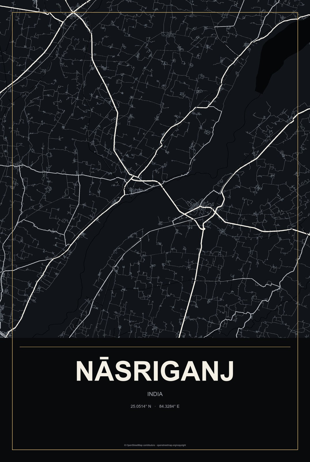 Nāsriganj, India City Map Aluminum Sign in Metropolitan Noir style