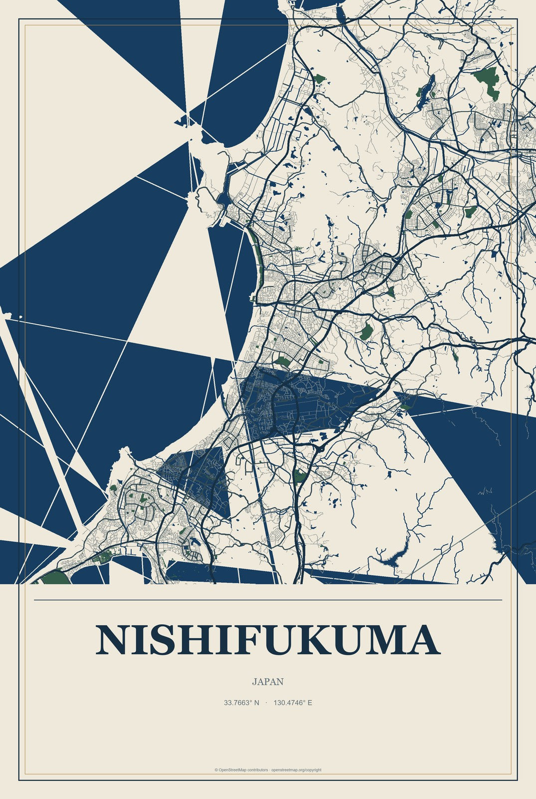 Nishifukuma, Japan City Map Aluminum Sign in Coastal Cutout style