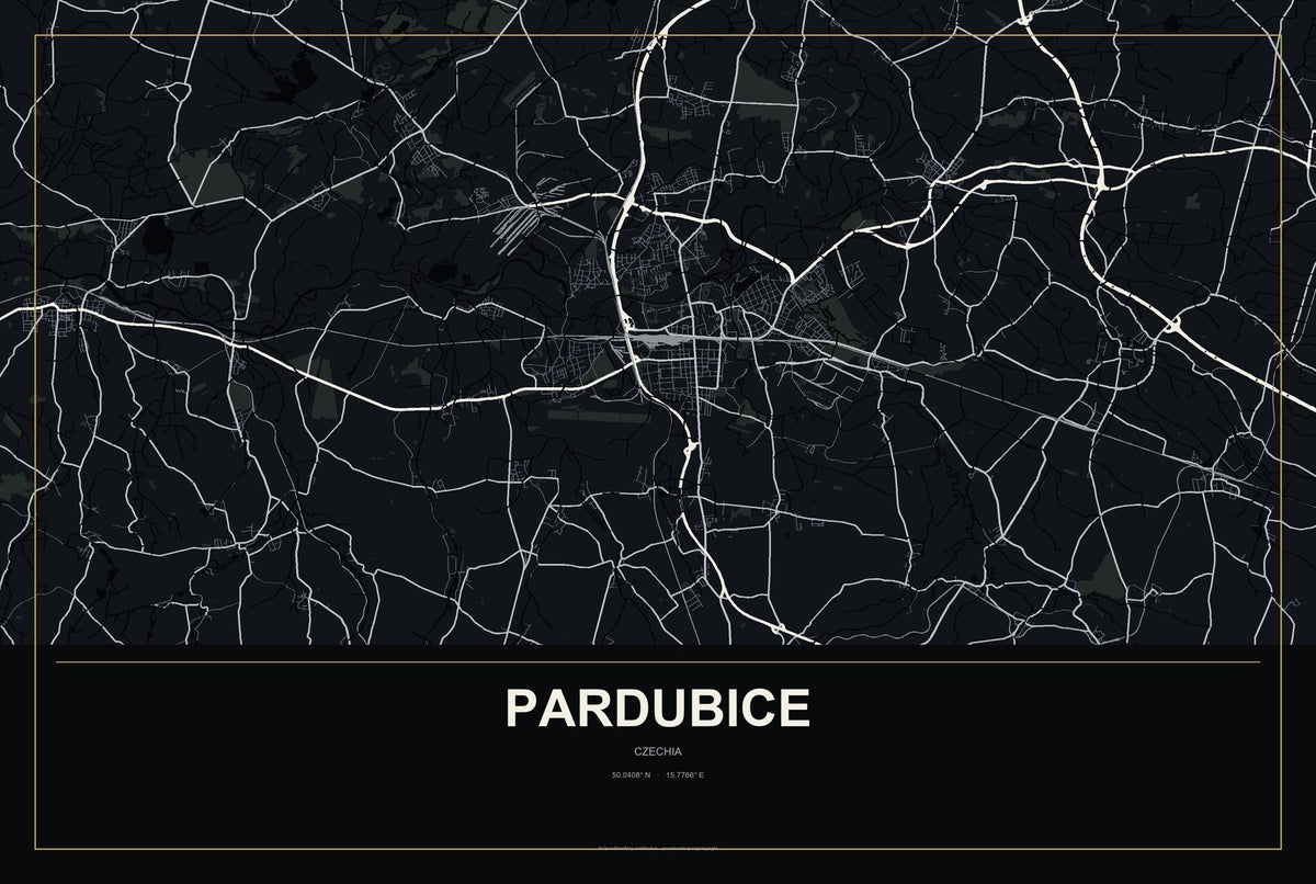 Pardubice, Czechia City Map Aluminum Sign in Metropolitan Noir style