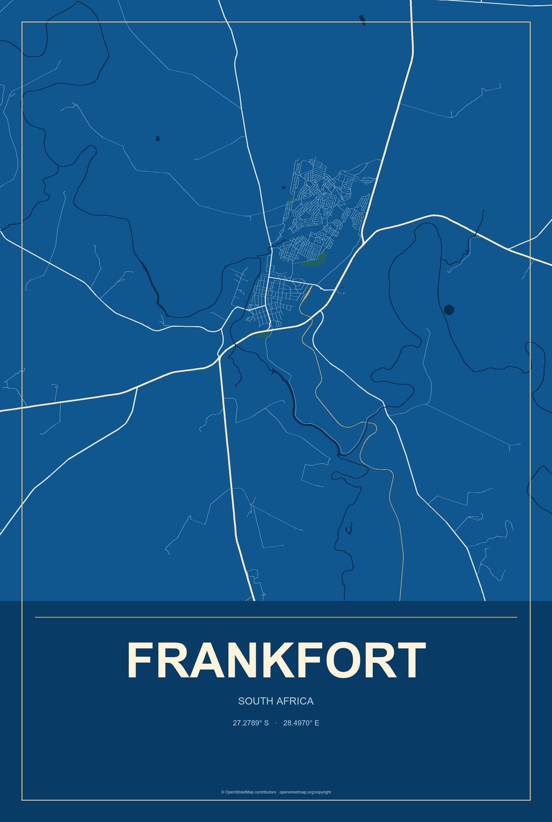 Frankfort, South Africa City Map Aluminum Sign in Harbor Cobalt style