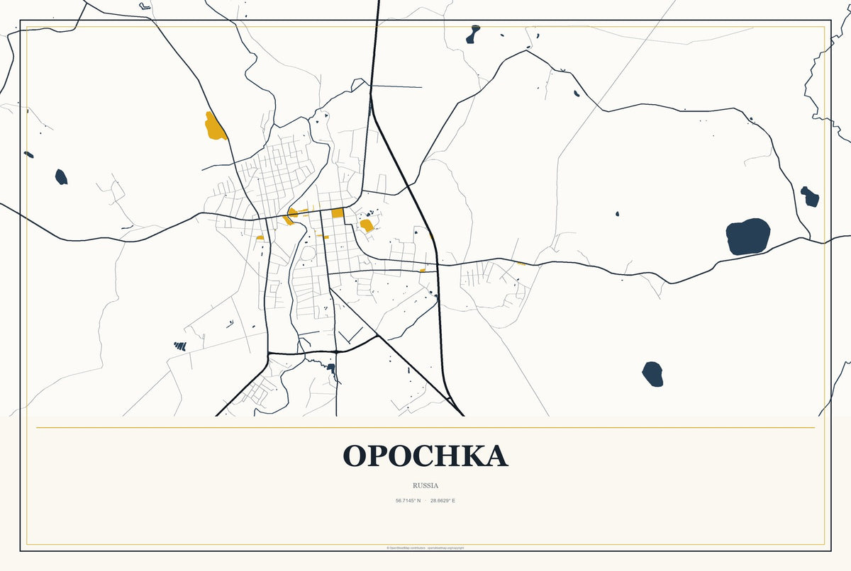 Opochka, Russia City Map Aluminum Sign in Citrine Modern style
