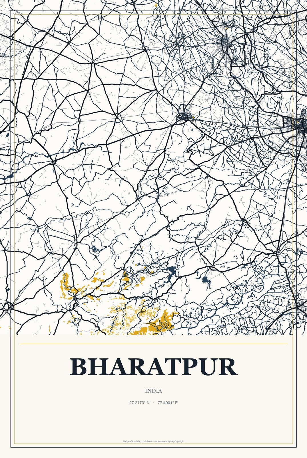 Bharatpur, India City Map Aluminum Sign in Citrine Modern style