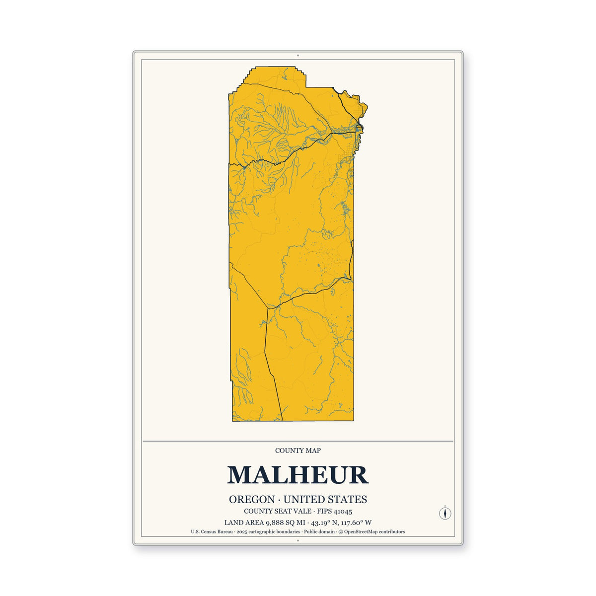 Malheur County, Oregon Map Aluminum Sign in Citrine Modern style