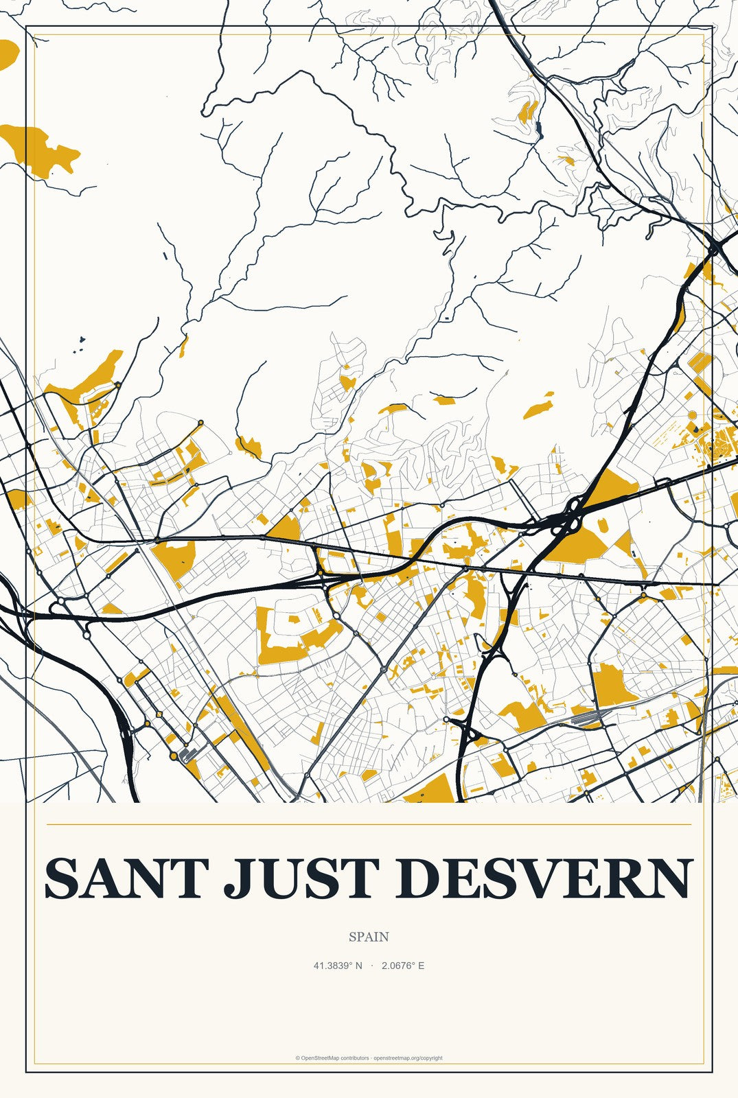 Sant Just Desvern, Spain City Map Aluminum Sign in Citrine Modern style