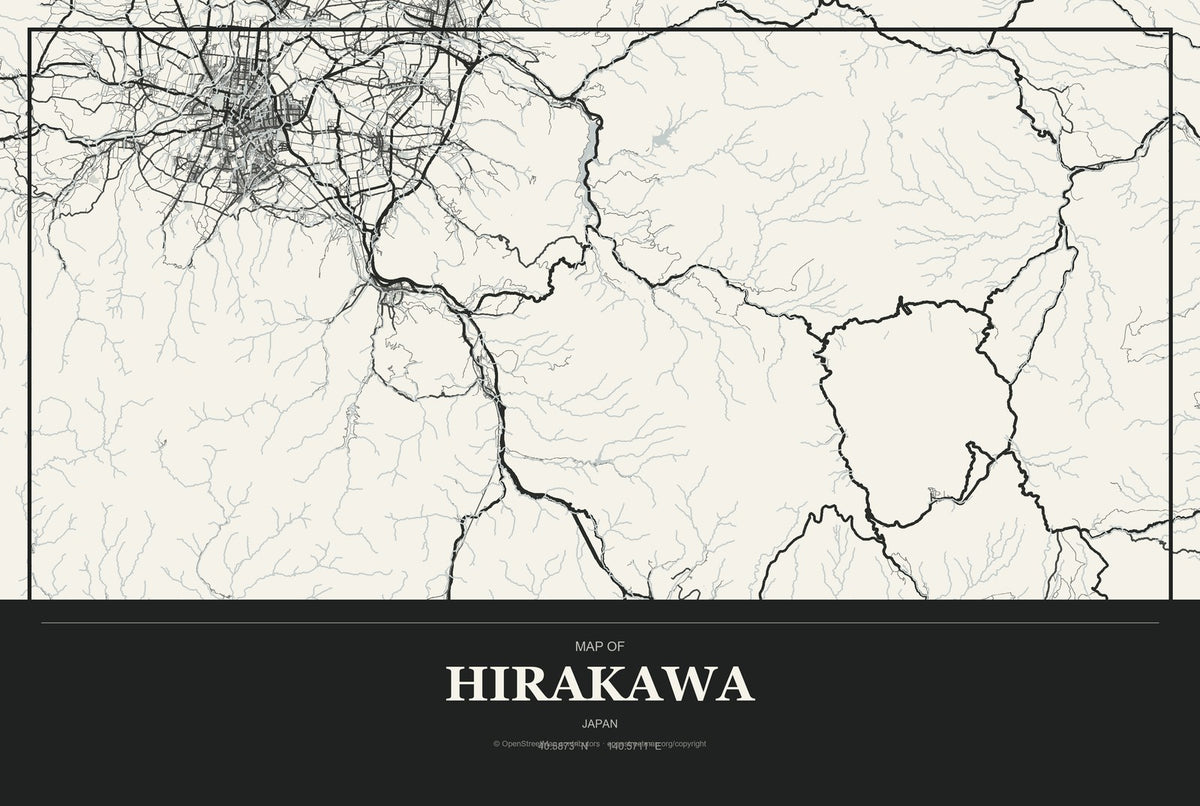 Hirakawa, Japan City Map Aluminum Sign in Museum Plaque style