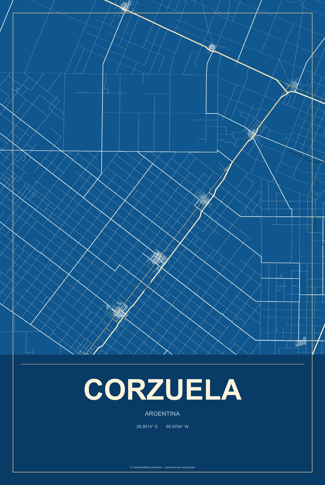Corzuela, Argentina City Map Aluminum Sign in Harbor Cobalt style