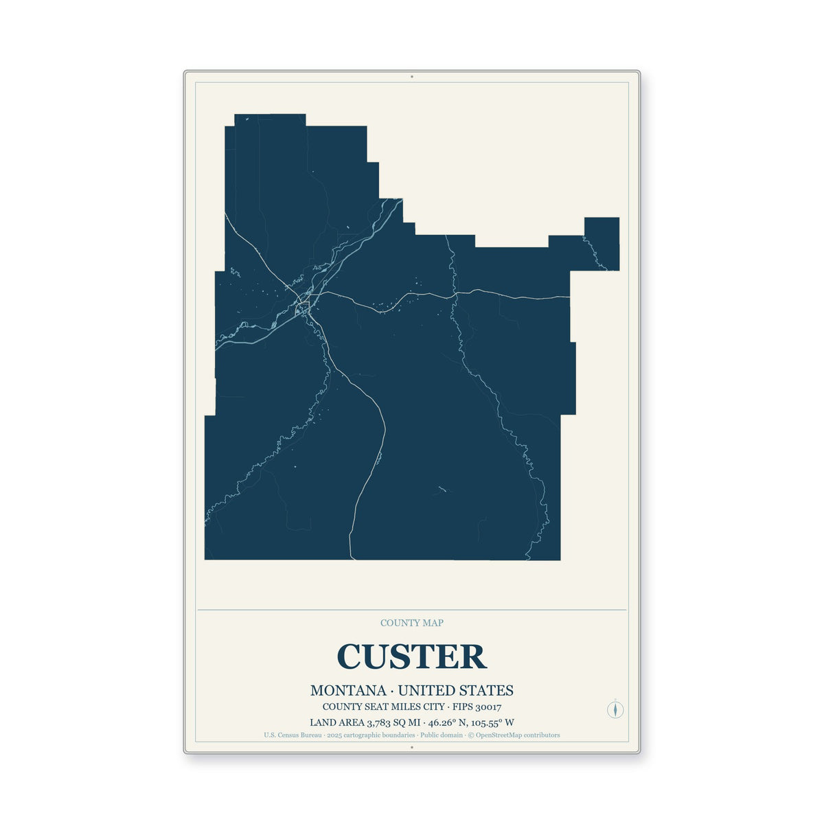 Custer County, Montana Map Aluminum Sign in Coastal Cutout style