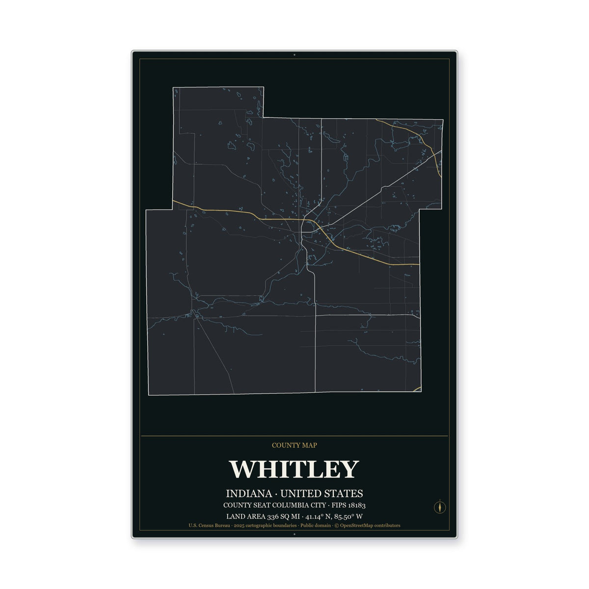 Whitley County, Indiana Map Aluminum Sign in Metropolitan Noir style