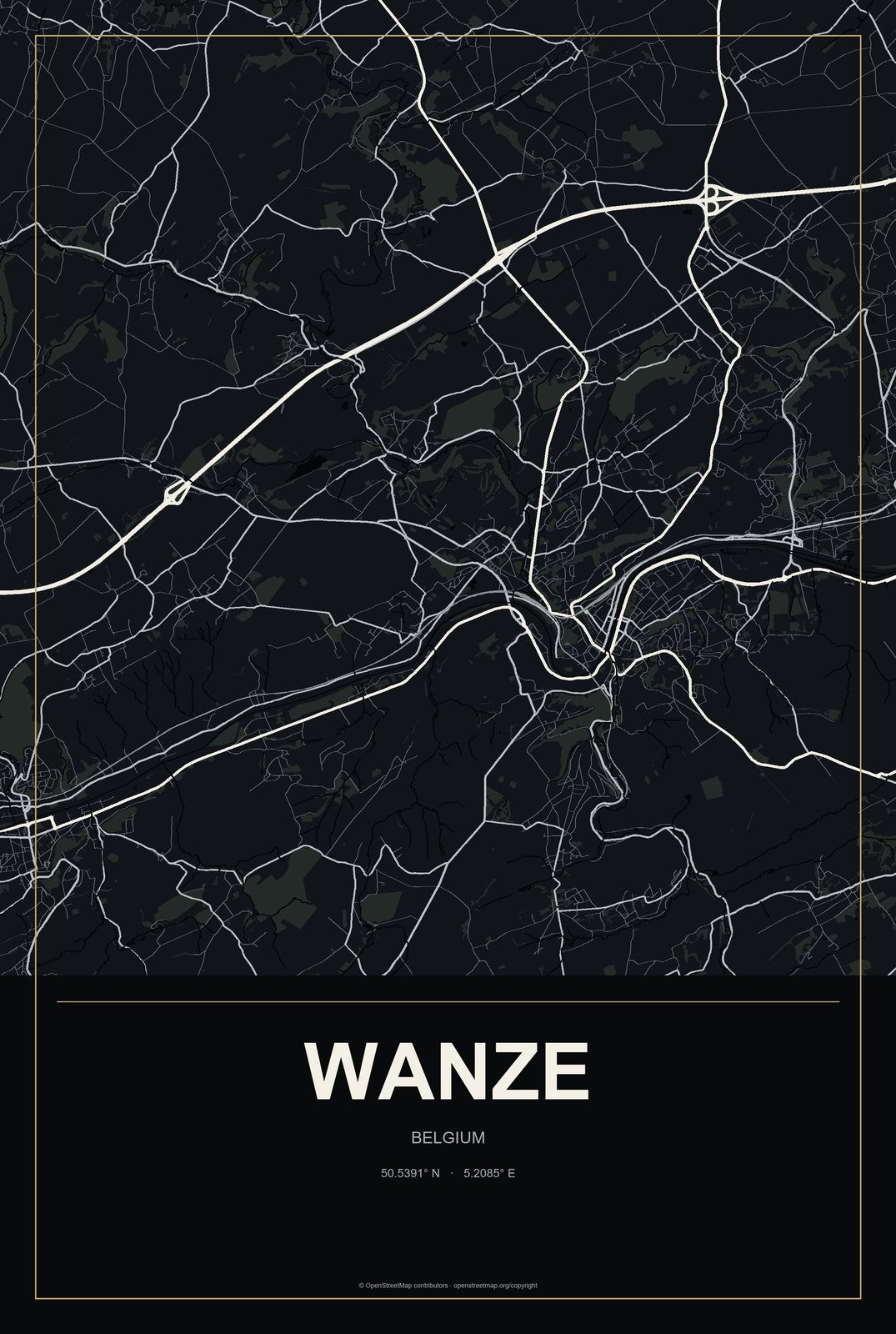 Wanze, Belgium City Map Aluminum Sign in Metropolitan Noir style