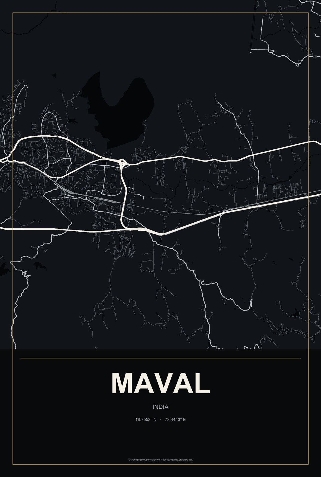 Maval, India City Map Aluminum Sign in Metropolitan Noir style