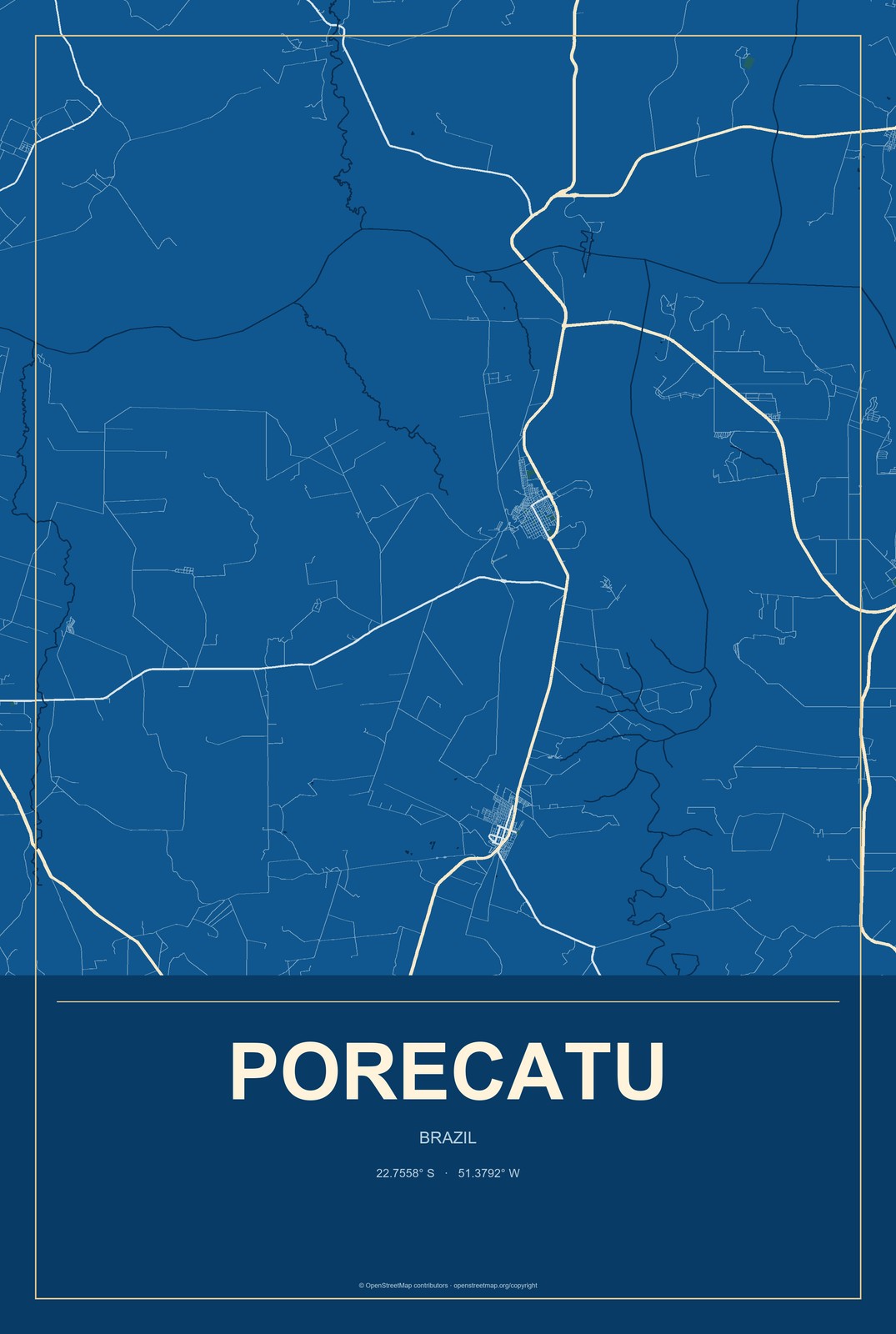 Porecatu, Brazil City Map Aluminum Sign in Harbor Cobalt style
