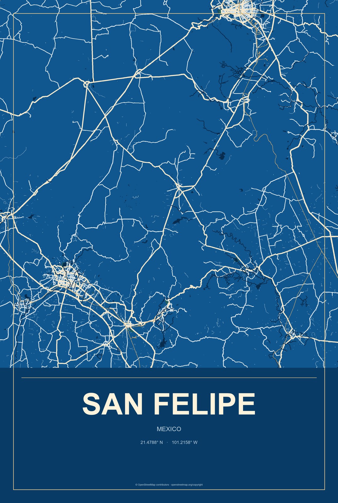 San Felipe, Guanajuato, Mexico City Map Aluminum Sign in Harbor Cobalt style