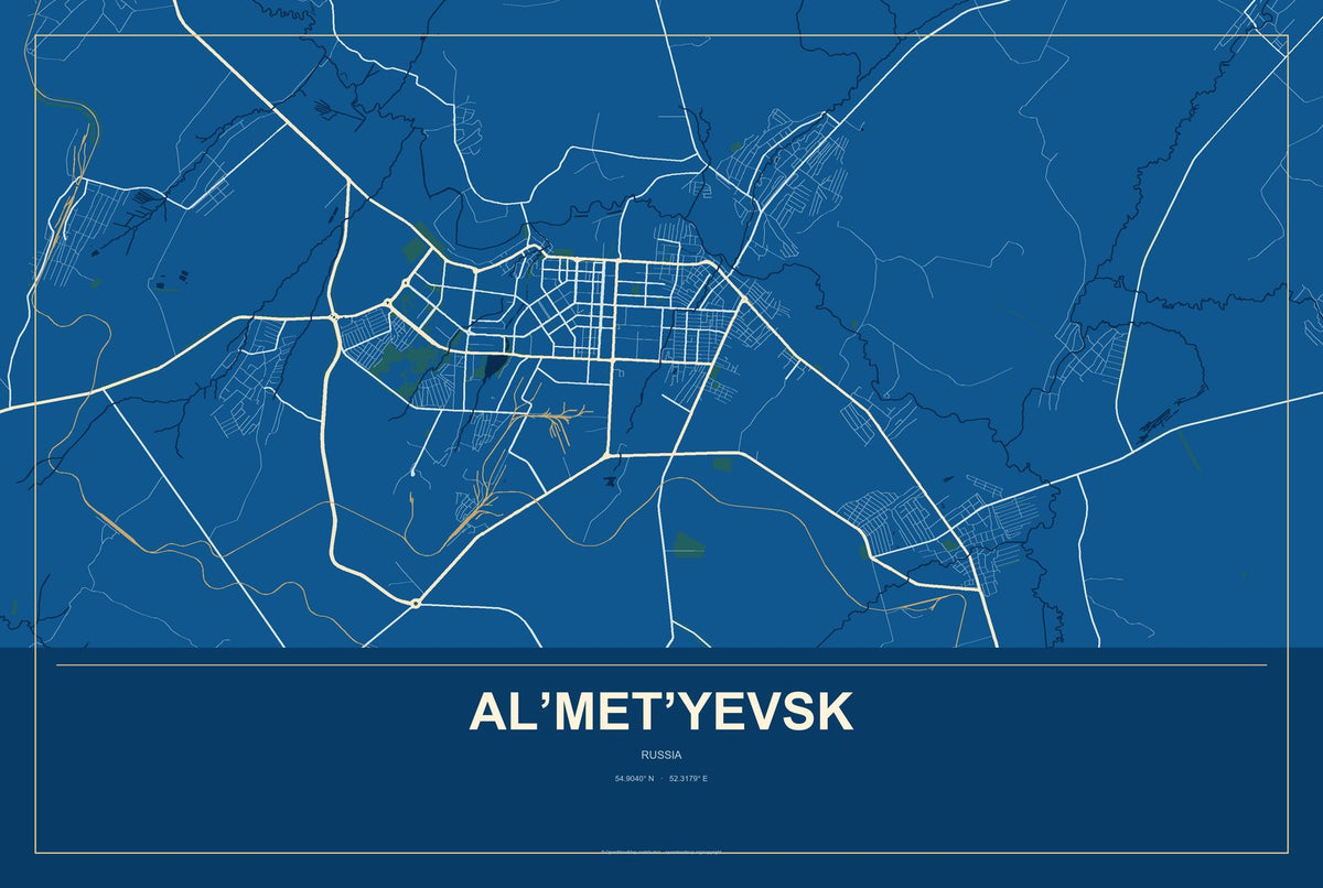 Al’met’yevsk, Russia City Map Aluminum Sign in Harbor Cobalt style