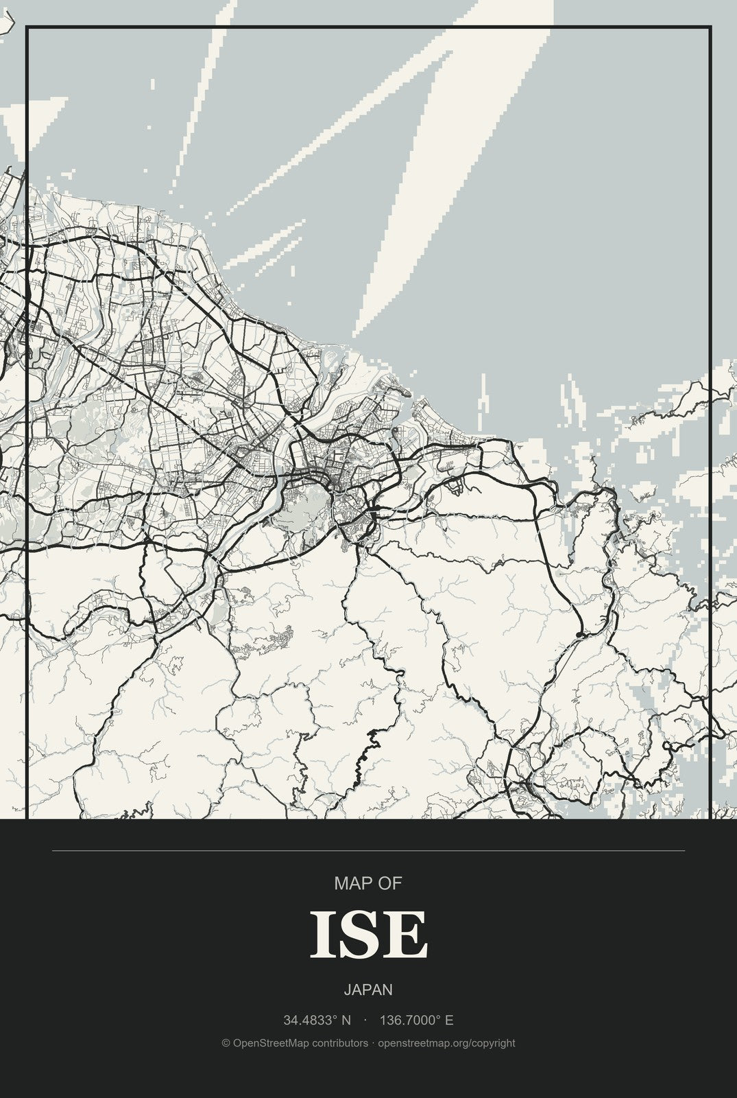 Ise, Japan City Map Aluminum Sign in Museum Plaque style