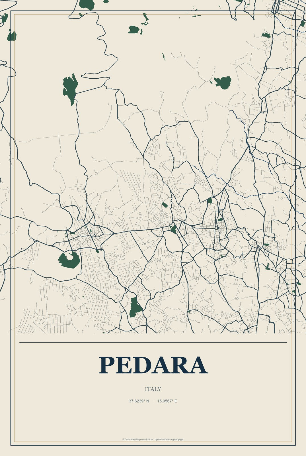 Pedara, Italy City Map Aluminum Sign in Coastal Cutout style