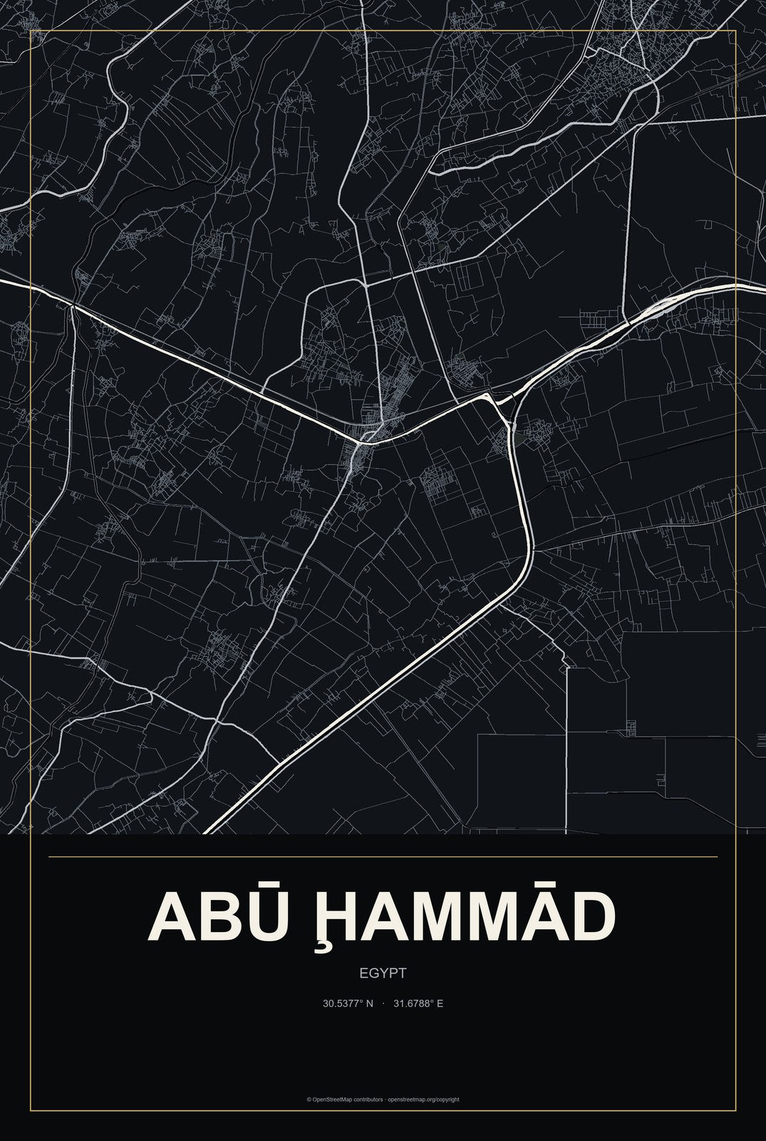 Abū Ḩammād, Egypt City Map Aluminum Sign in Metropolitan Noir style