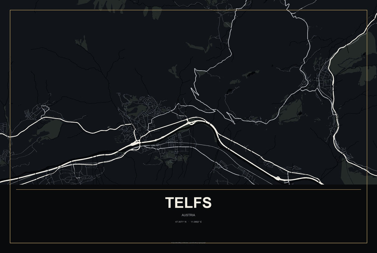 Telfs, Austria City Map Aluminum Sign in Metropolitan Noir style