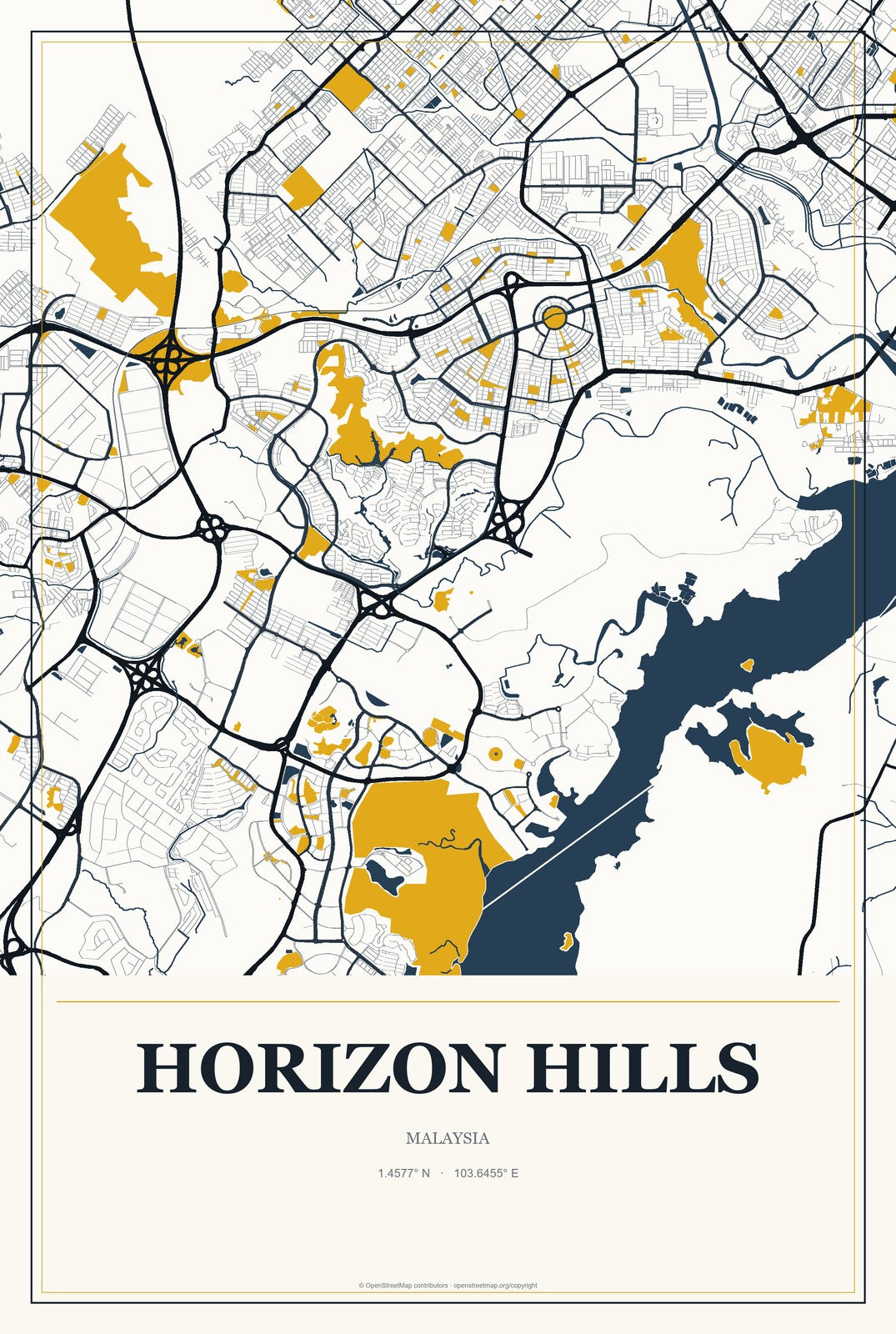 Horizon Hills, Malaysia City Map Aluminum Sign in Citrine Modern style