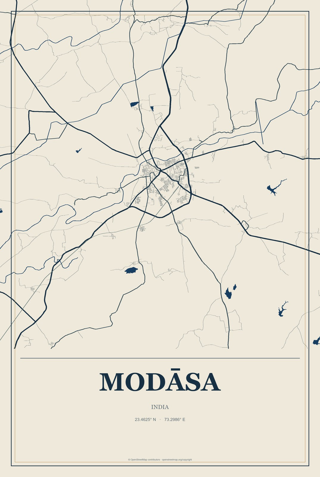 Modāsa, India City Map Aluminum Sign in Coastal Cutout style