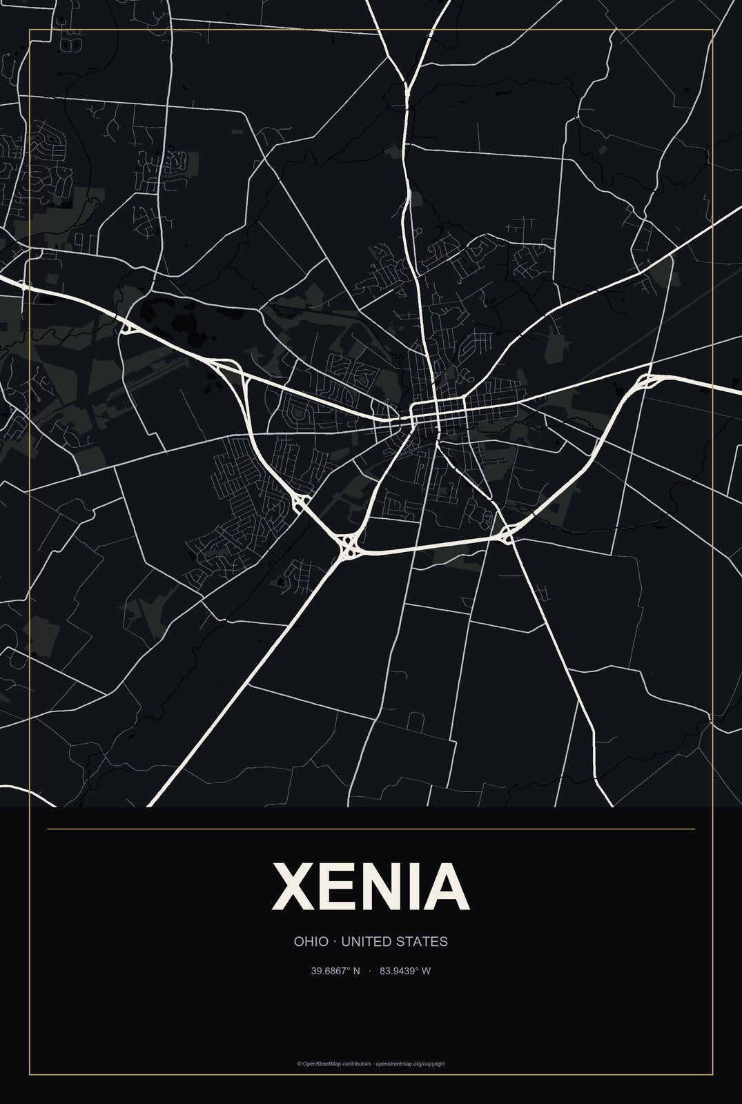 Xenia, Ohio City Map Aluminum Sign in Metropolitan Noir style