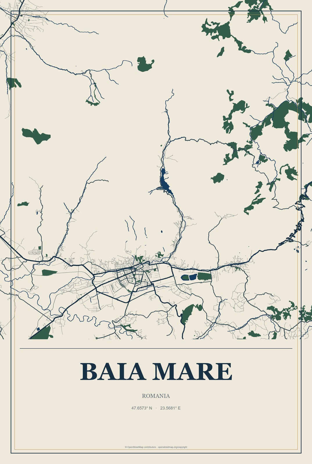 Baia Mare, Romania City Map Aluminum Sign in Coastal Cutout style