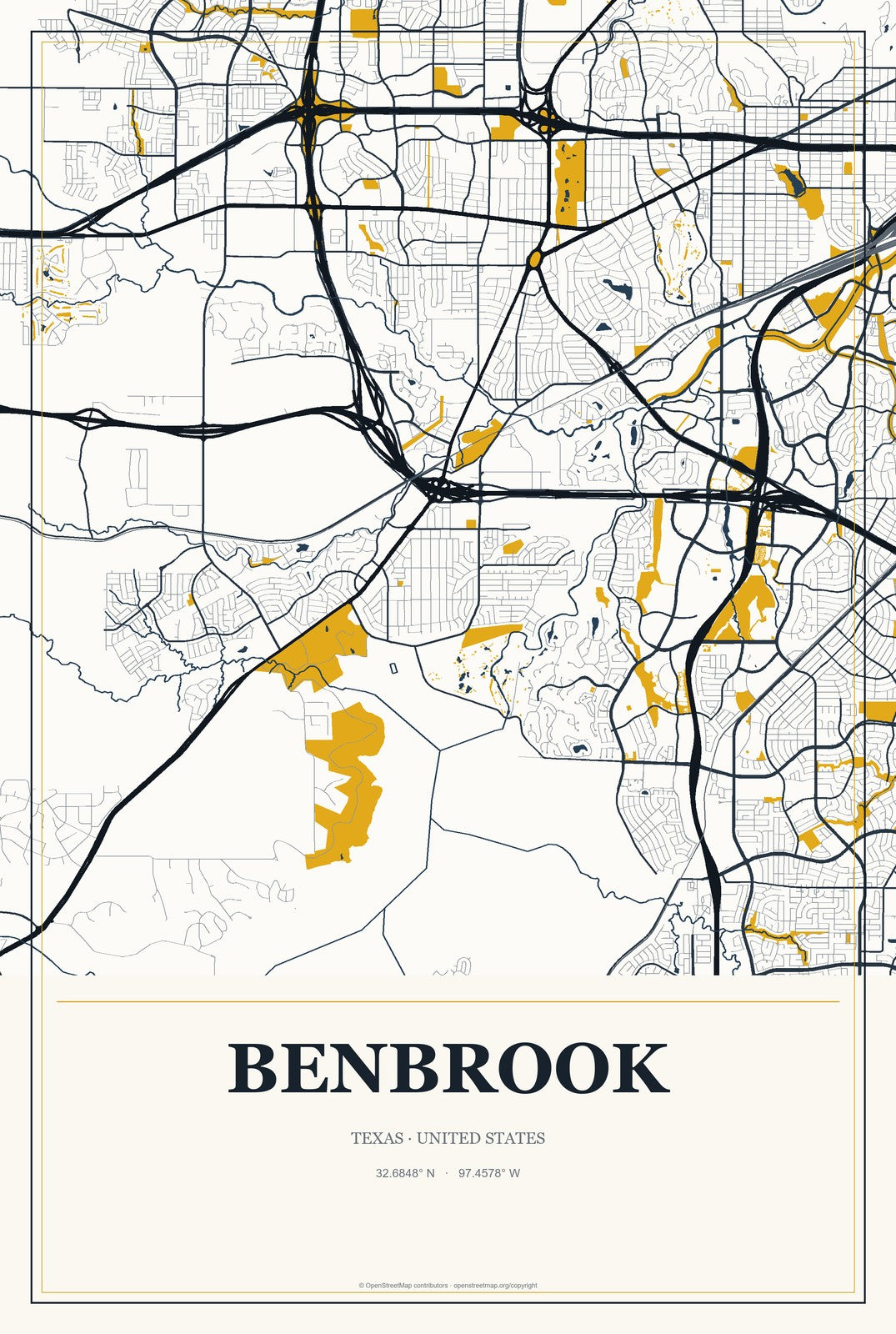 Benbrook, Texas City Map Aluminum Sign in Citrine Modern style