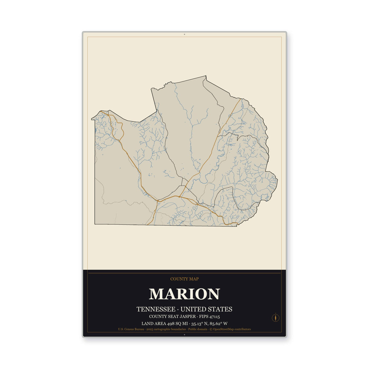 Marion County, Tennessee Map Aluminum Sign in Museum Plaque style