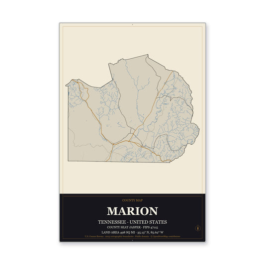 Marion County, Tennessee Map Aluminum Sign in Museum Plaque style