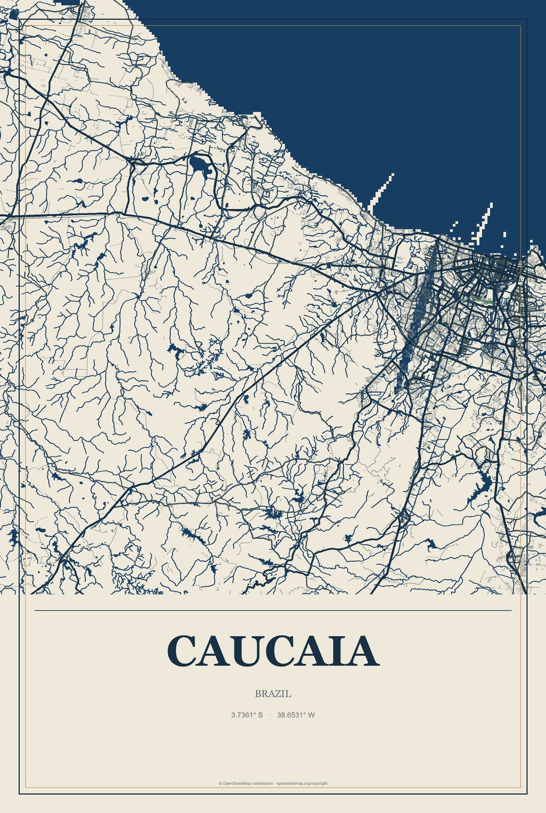 Caucaia, Brazil City Map Aluminum Sign in Coastal Cutout style