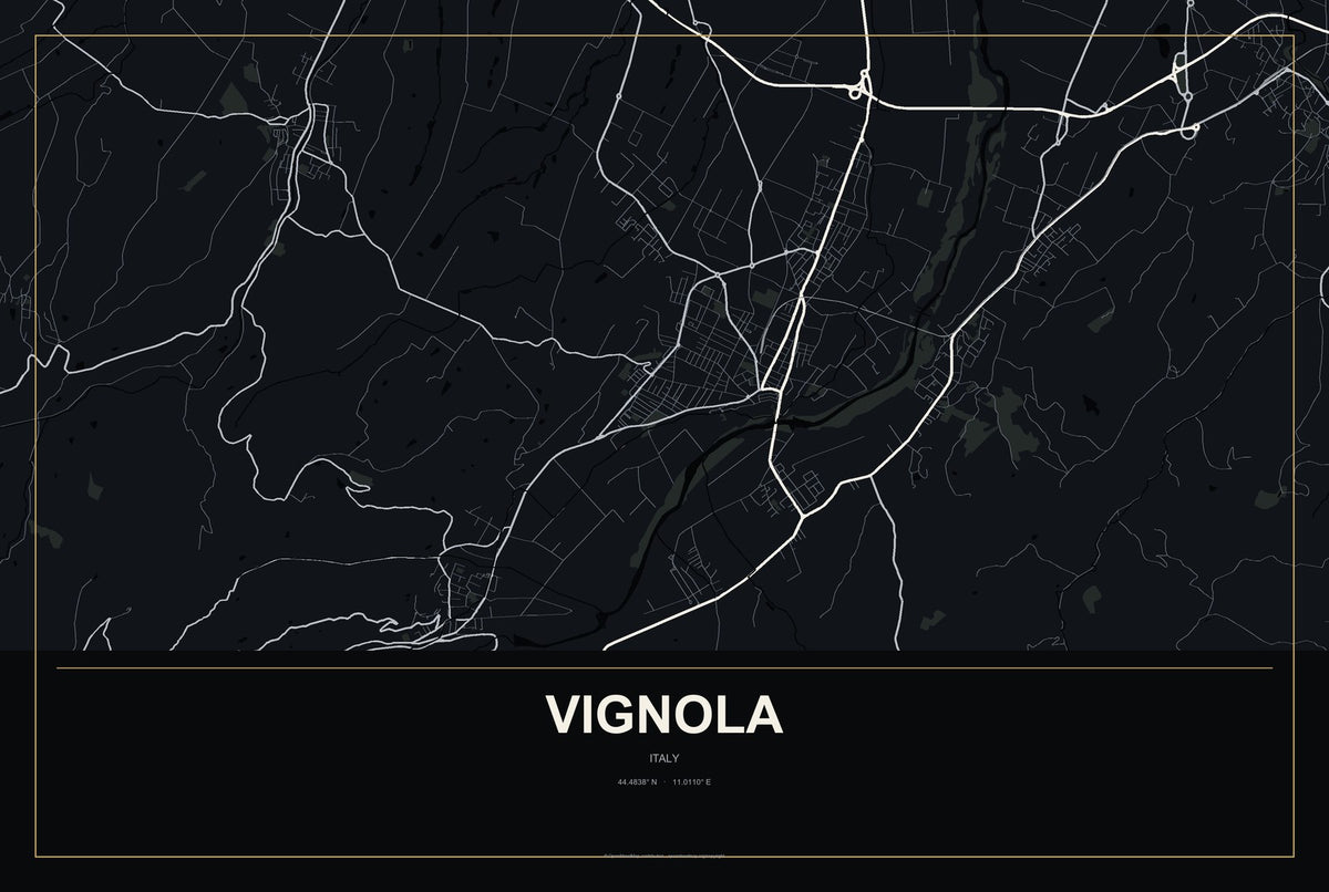 Vignola, Italy City Map Aluminum Sign in Metropolitan Noir style