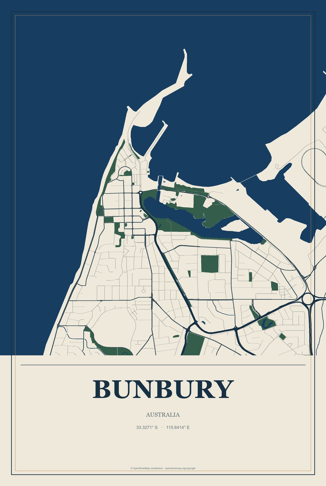 Bunbury, Australia City Map Aluminum Sign in Coastal Cutout style