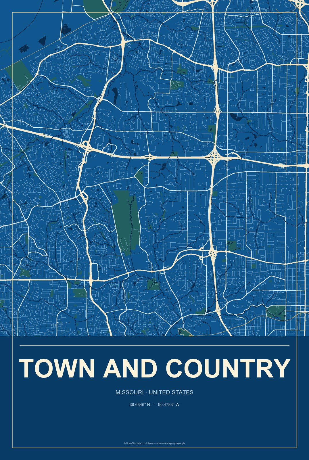 Town and Country, Missouri City Map Aluminum Sign in Harbor Cobalt style
