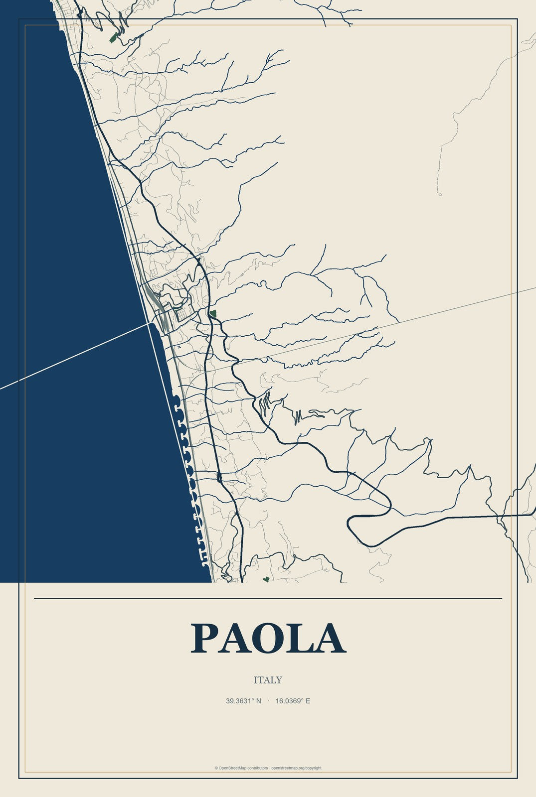 Paola, Italy City Map Aluminum Sign in Coastal Cutout style