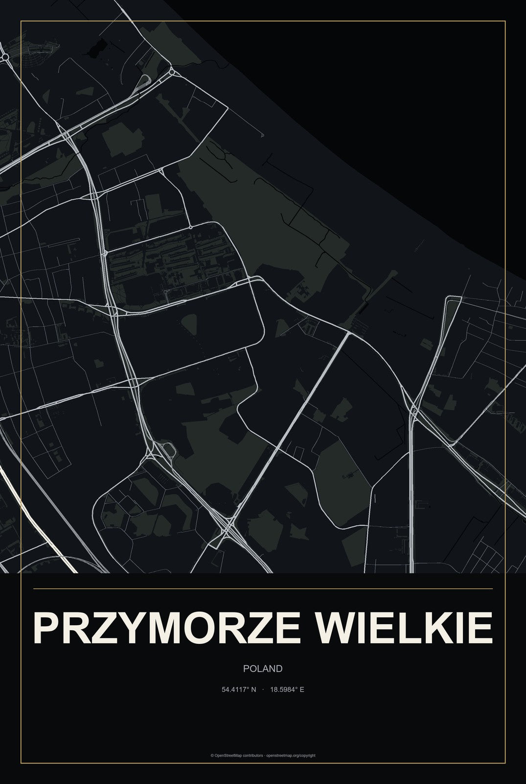 Przymorze Wielkie, Poland City Map Aluminum Sign in Metropolitan Noir style