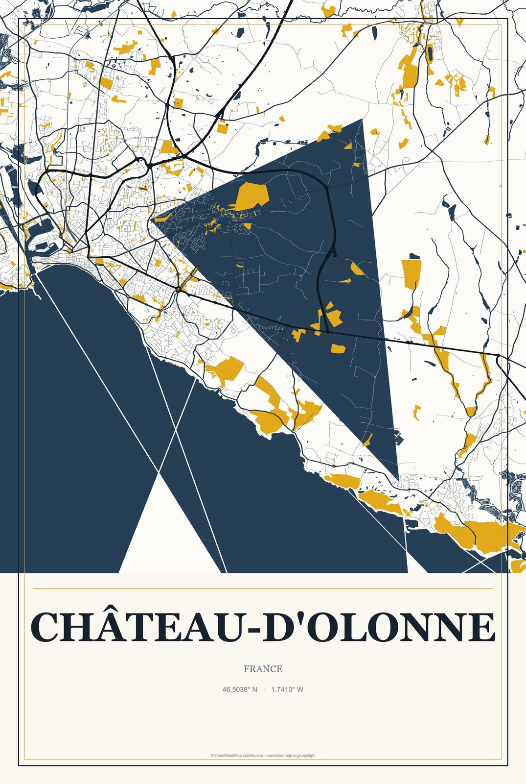 Château-d'Olonne, France City Map Aluminum Sign in Citrine Modern style