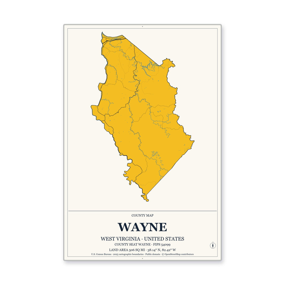 Wayne County, West Virginia Map Aluminum Sign in Citrine Modern style