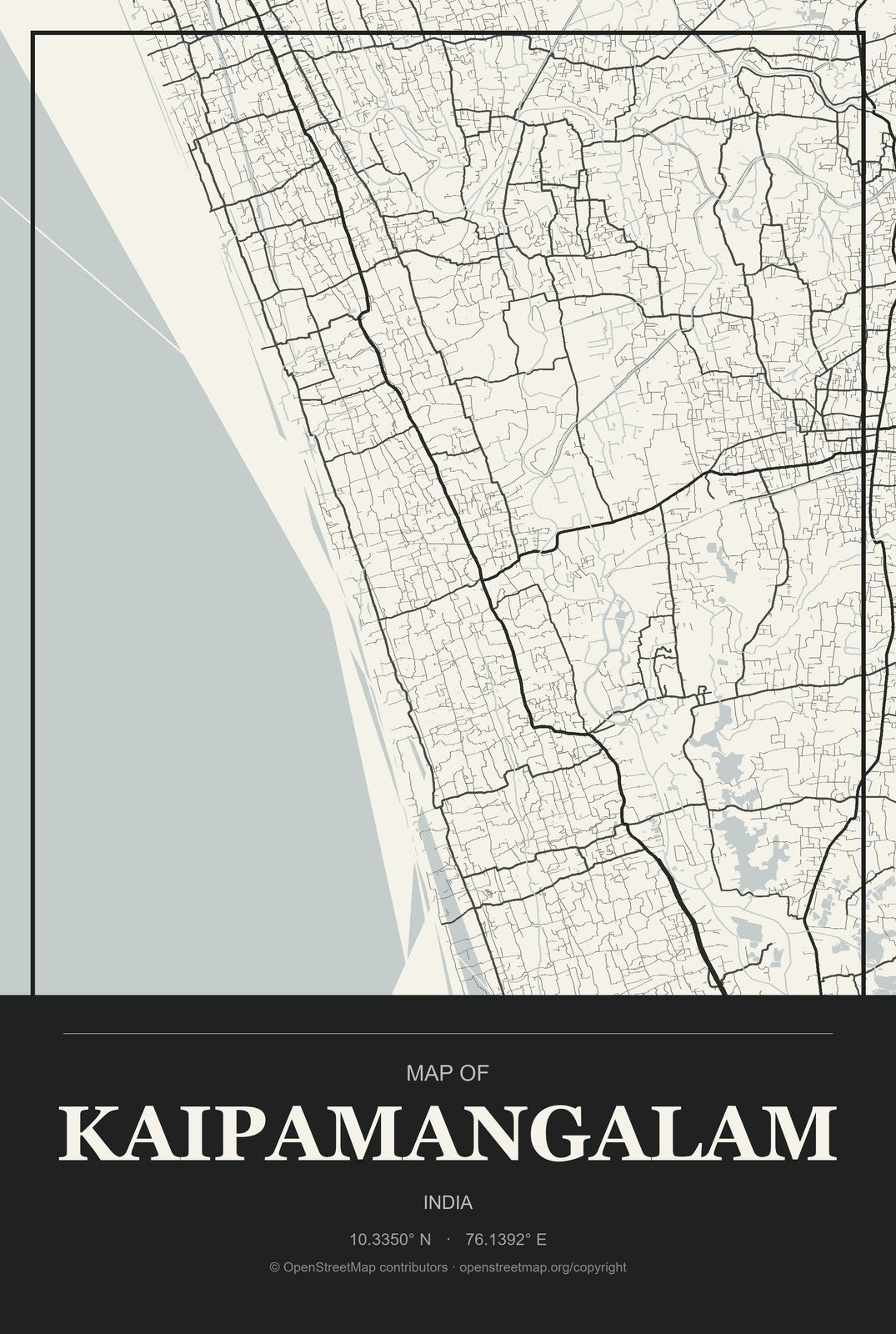 Kaipamangalam, India City Map Aluminum Sign in Museum Plaque style