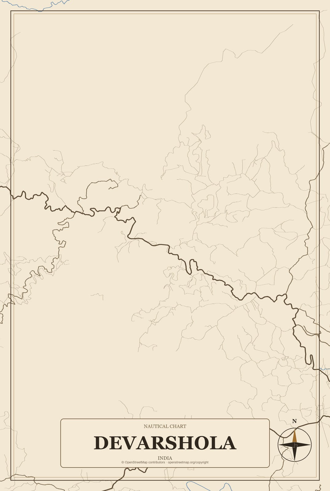 Devarshola, India City Map Aluminum Sign in Heritage Nautical style