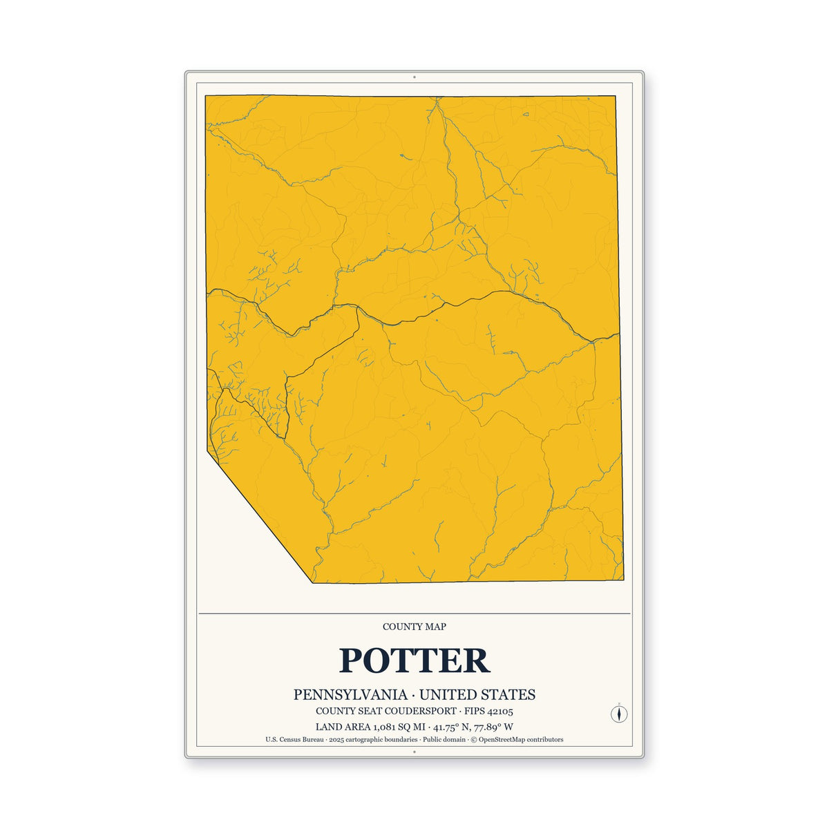 Potter County, Pennsylvania Map Aluminum Sign in Citrine Modern style