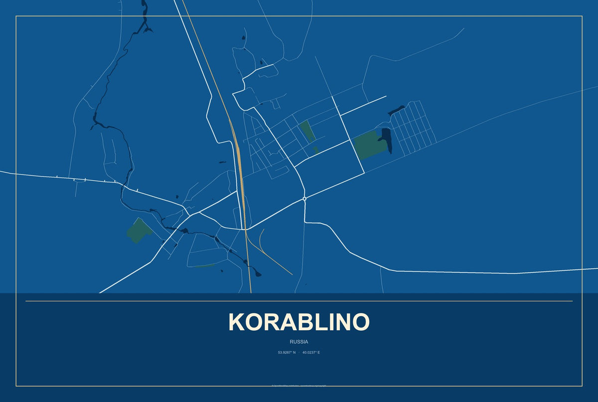 Korablino, Russia City Map Aluminum Sign in Harbor Cobalt style