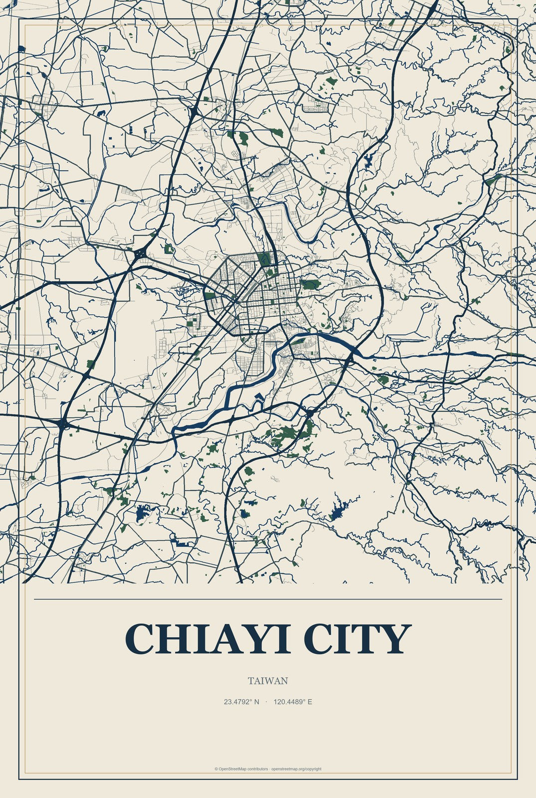 Chiayi City, Taiwan City Map Aluminum Sign in Coastal Cutout style