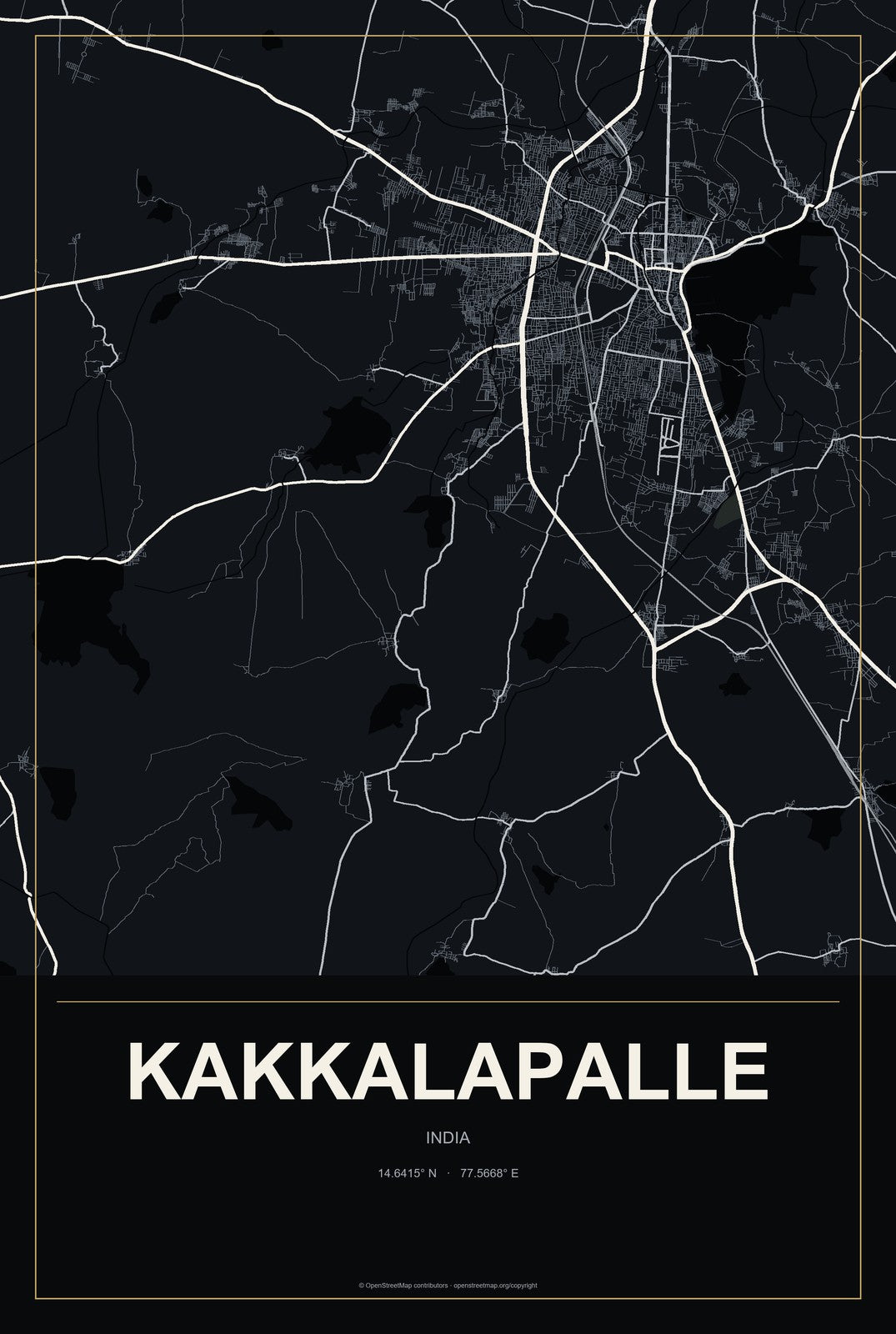 Kakkalapalle, India City Map Aluminum Sign in Metropolitan Noir style