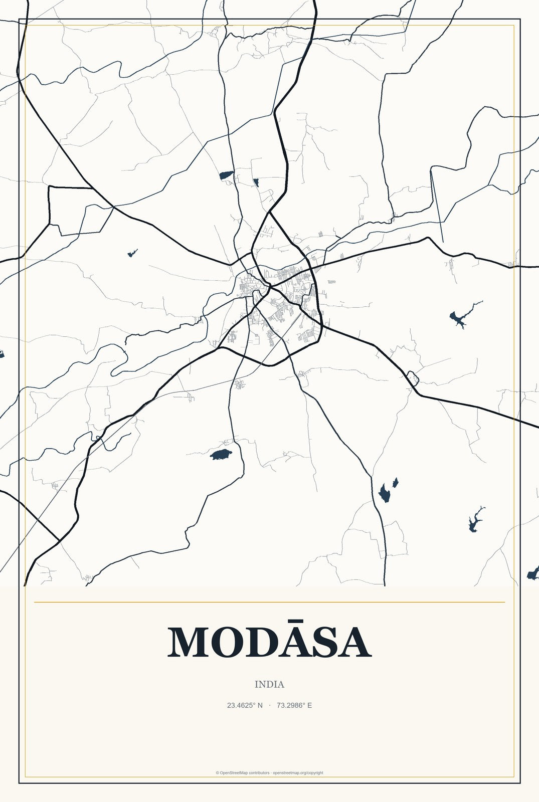 Modāsa, India City Map Aluminum Sign in Citrine Modern style