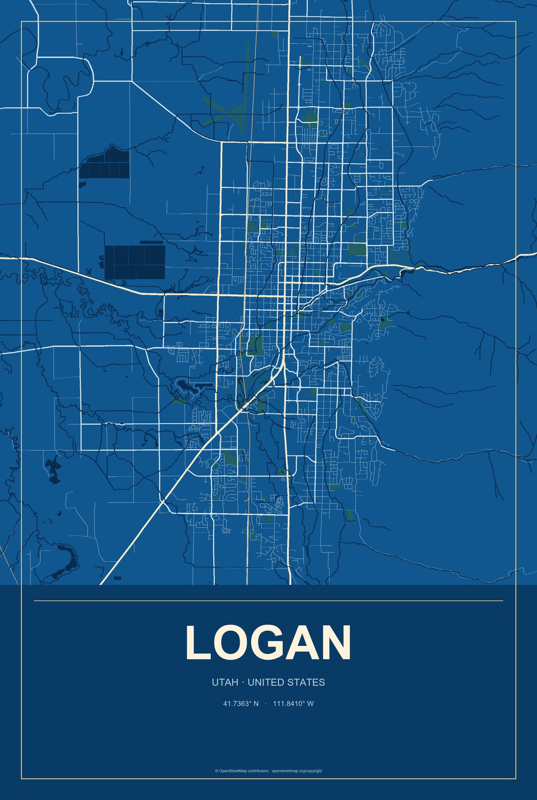 Logan, Utah City Map Aluminum Sign in Harbor Cobalt style