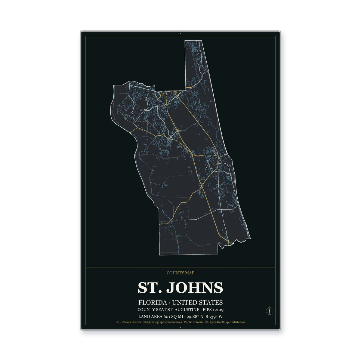 St. Johns County, Florida Map Aluminum Sign in Metropolitan Noir style