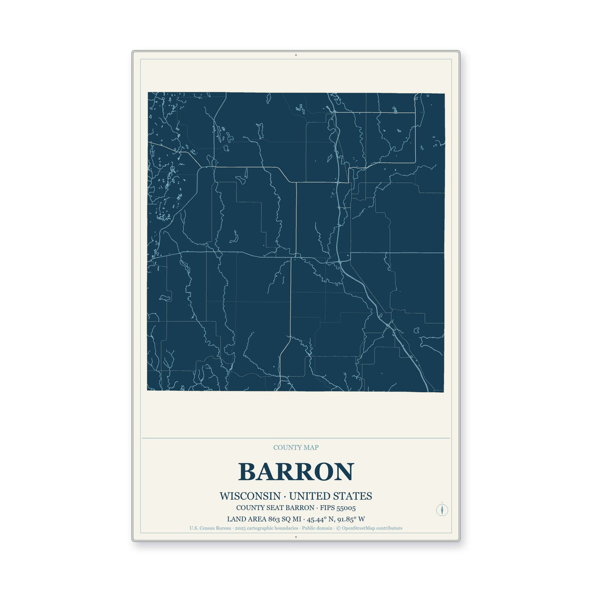 Barron County, Wisconsin Map Aluminum Sign in Coastal Cutout style