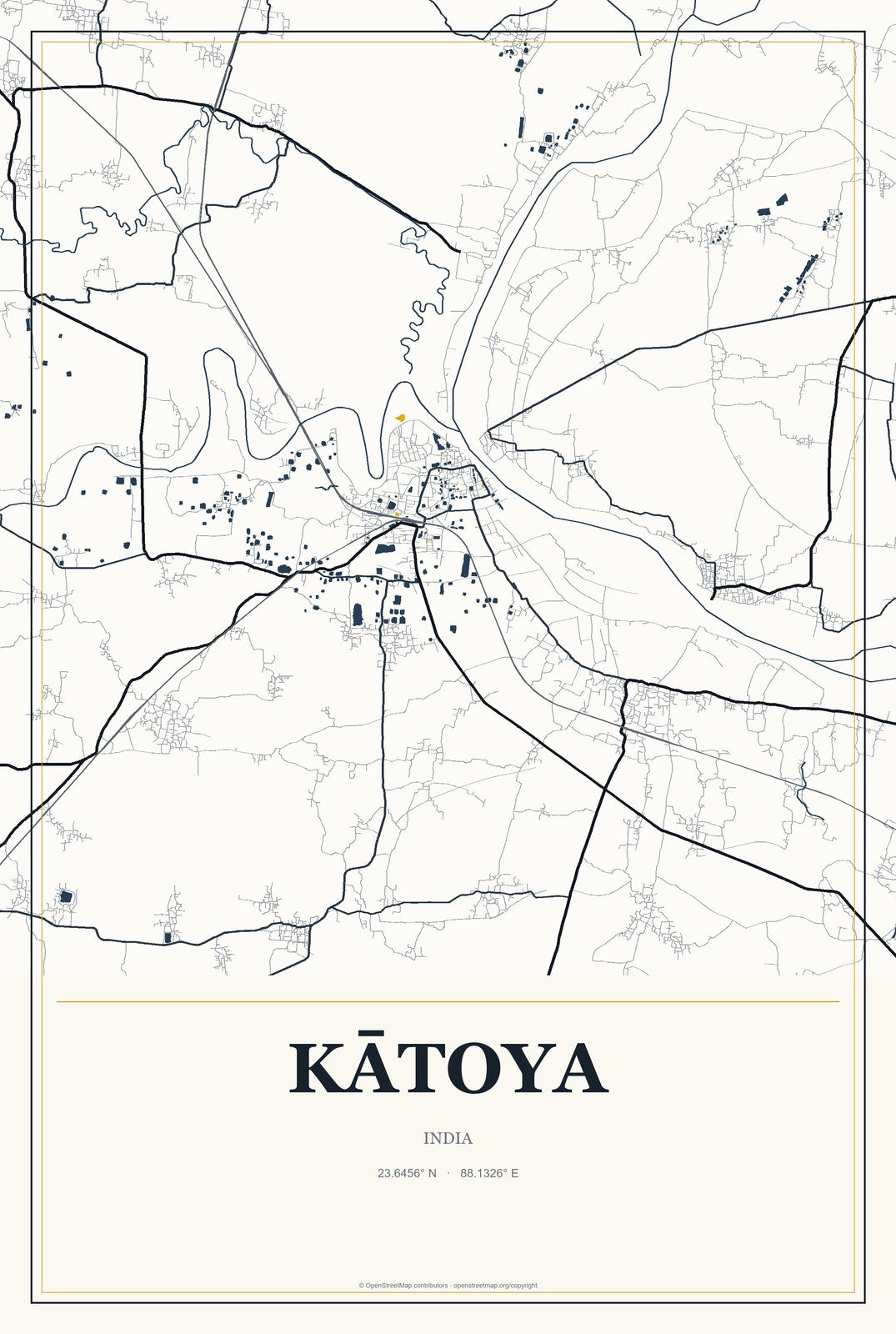 Kātoya, India City Map Aluminum Sign in Citrine Modern style