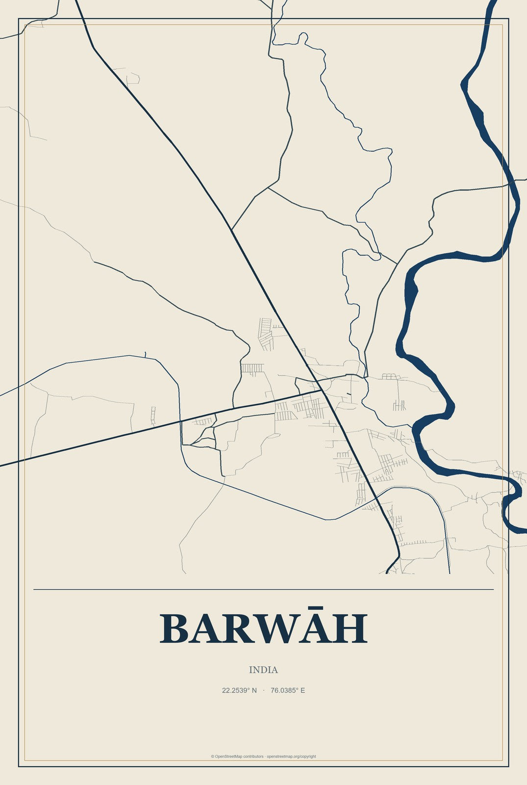 Barwāh, India City Map Aluminum Sign in Coastal Cutout style