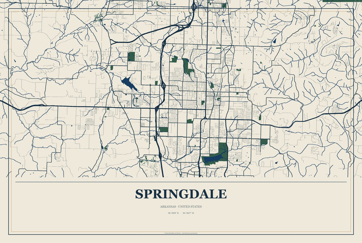 Springdale, Arkansas City Map Aluminum Sign in Coastal Cutout style