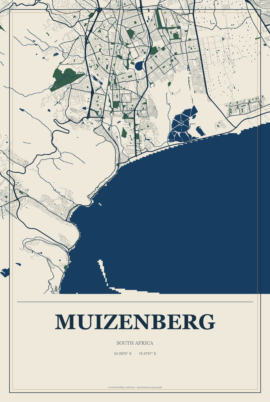 Muizenberg, South Africa City Map Aluminum Sign in Coastal Cutout style